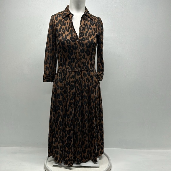 Samantha Sung Shirt Dress Button Down Animal Print Wool Silk Brown Black Size 0 - Picture 1 of 13